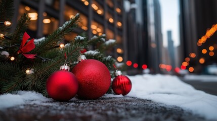 Bright red ornaments rest on snow-covered pavement with greenery, set against a backdrop of tall...