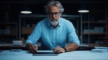 experienced designer focuses intently on a tablet, creating digital designs in a cozy, low-light environment, surrounded by architectural drafts and tools