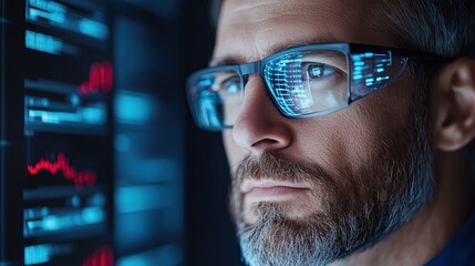 serious professional intently observes complex digital data displayed on screens, wearing blue light glasses in a modern office setting illuminated by screens during the evening