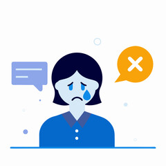 A woman is crying and there is a red X on the right side of the image. Concept of sadness and disappointment