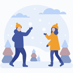 Two people are playing in the snow, one of them is wearing a yellow jacket. The scene is set in a snowy forest with trees in the background