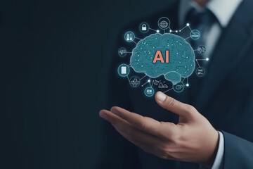 Businessman presenting ai technology concept with digital brain interface highlighting innovation in artificial intelligence and data networks