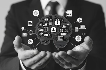 Businessman presenting digital brain concept with technology icons innovation, security, communication, finance, network solutions in professional suit and tie.