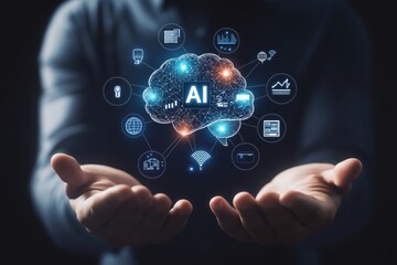 Ai concepts and technology hands presenting digital innovation icons surrounding artificial intelligence cloud in a dark background