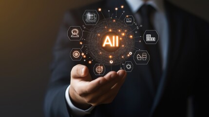 Businessman holding ai sphere with technology icons symbolizing innovation, artificial intelligence, and digital transformation in modern business concepts