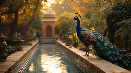 Traditional Mughal garden design with peacock, floral motifs, and Indian architecture artwork