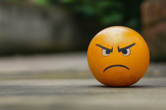 Naklejki 3D realistic angry emoji smiley emoticon face placed on the ground, outdoors, expression, high resolution