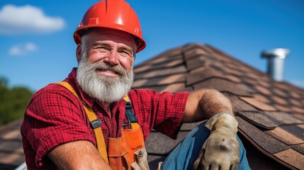 cheerful roofer wearing an orange hard hat and gloves enjoys his work on a shingled roof of a house, showcasing his craftsmanship under a bright blue sky