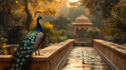 Traditional Mughal garden design with peacock, floral motifs, and Indian architecture artwork