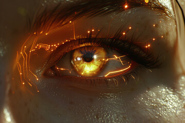 Close up of a human eye glowing with a vibrant digital interface. The eye reflects a circuit like pattern and orange blue bokeh lights