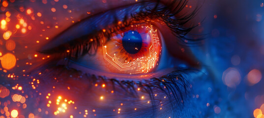Close up of a human eye glowing with a vibrant digital interface. The eye reflects a circuit like pattern and orange blue bokeh lights