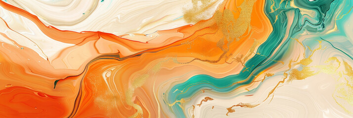 Abstract fluid art in vibrant orange and teal swirls with gold accents for modern interior design