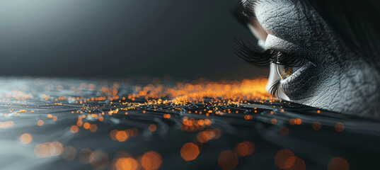 Close up of a human eye glowing with a vibrant digital interface. The eye reflects a circuit like pattern and orange blue bokeh lights