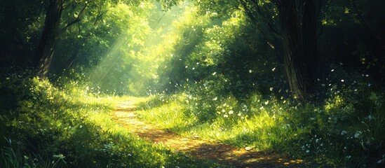 Fototapeta premium Sunbeams illuminate a path through a lush forest, dappled light creates a magical atmosphere.