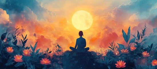 A woman sits in meditation surrounded by flowers, with a bright full moon in the sky.