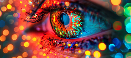 Close up of a human eye glowing with a vibrant digital interface. The eye reflects a circuit like pattern and orange blue bokeh lights