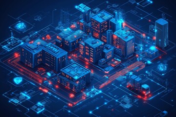 Futuristic cityscape visualization at night with glowing buildings and roads