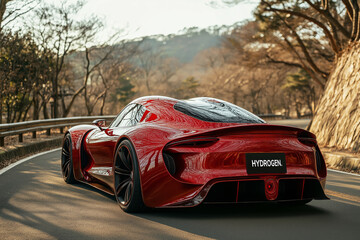 Sleek red sports car driving along a winding road in a serene landscape