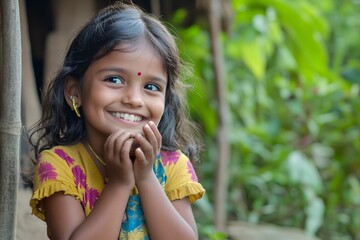 Fototapeta premium A young girl beams with joy, wearing a colorful dress, surrounded by lush greenery in a rural setting