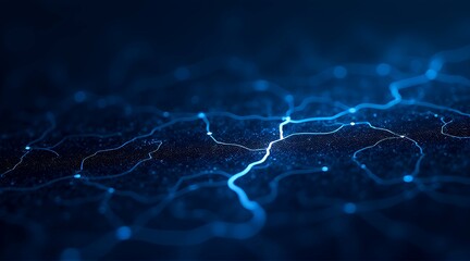 Obraz premium A glowing world map depicted with blue neon lights and connecting lines indicating a complex network representing global communication and technological connectivity.