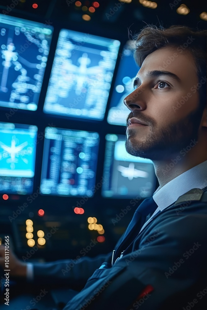 Poster focused air traffic controller monitoring flight data on multiple screens in control tower