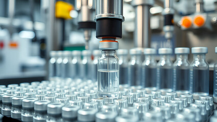 vaccine filling process drug vial in a medicine factory creative view of small vials collected for manufacturing small glass injection moving in a pharma equipment machinery pharmaceutical industry