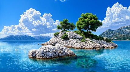 Obraz premium Serene Tropical Island with Lush Green Trees Surrounded by Crystal Clear Blue Water and Dramatic Clouds under a Bright Sunlit Sky