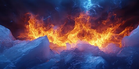 Fototapeta premium Fiery flames burst through ice.