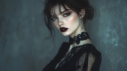 Fototapeta premium A woman in a black dress with dark lipstick and hair