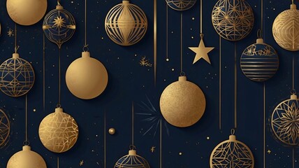 Elegant Christmas Greeting Card in Navy and Gold Art Deco Frames, Golden Baubles, and Intricate Floral Patterns with a Premium, 3D Shimmer Effect V16