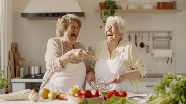 Joyful seniors cooking together in a sunlit kitchen for healthy living blur