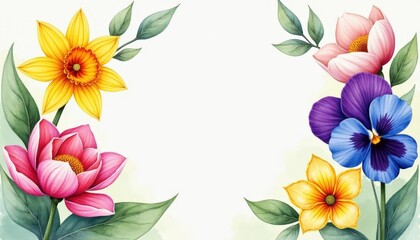 Springtime Flower Composition with Central Blank Space Highlighting Daffodil, Camellia, Magnolia, and Pansy - Great for Copy Space