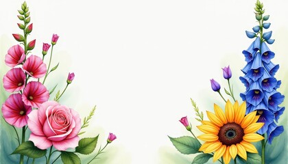 Obraz premium Blooming Flower Display with Central Blank Space Surrounded by Wisteria, Phlox, Petunia, and Iris - Perfect for Copy Space