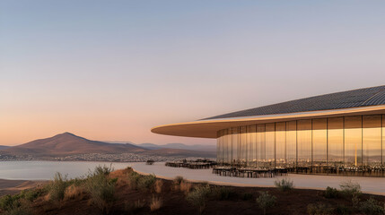 Fototapeta premium Modern Coastal Restaurant with Panoramic Views and Solar Roof at Sunset, modern architecture, sea view, ocean view, landscape, building