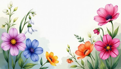 Naklejka premium Elegant watercolor Flower Arrangement with Central Blank Space Surrounded by Iris, Begonia, Marigold, and Bluebell - Ideal for Copy Space