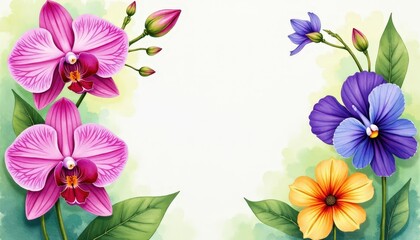 Elegant watercolor Floral Arrangement with Central Blank Space Featuring Poppy, Marigold, Daffodil, and Rose - Ideal for Copy Space