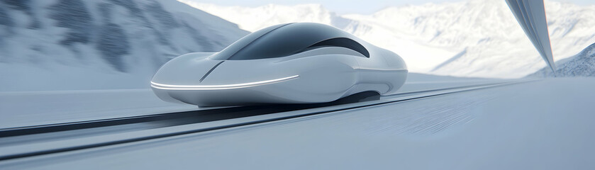 Futuristic High-Speed Train in Snowy Mountains, futuristic train, high-speed rail, winter, landscape, transportation