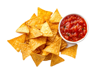 top view of nachos chips and salsa isolated on transparent background 