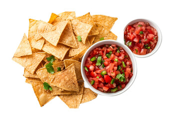 top view of nachos chips and salsa isolated on transparent background 