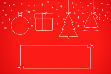 Red Christmas background with festive decorations, snowflakes, and an empty frame for text, vector illustration.