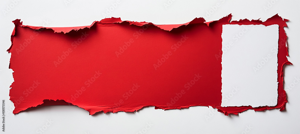 Poster a red piece of paper is torn to expose a white background, with a rectangular opening