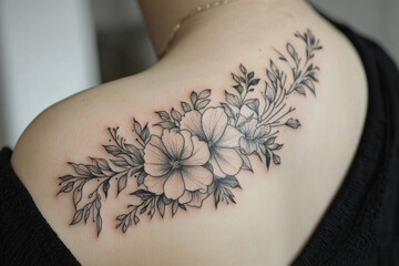 Freshly inked black tattoo of delicate flowers graces a woman's back shoulder