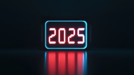 Digital clock displaying '2025' in a bold, neon style, placed on a reflective surface with a sleek, dark background, perfect for representing the New Year countdown and futuristic aesthetics.