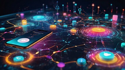 Futuristic Smartphone and IoT Devices Visualized with Holographic Icons, Augmented Reality, and Cybersecurity, in a Neon-Lit V5