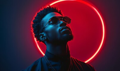 Futuristic portrait of black man against circular light design