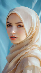 Fototapeta premium Beautiful young muslim woman with brown eyes wearing a beige hijab posing against a blue backdrop