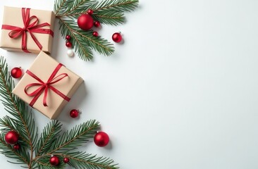 gift cardboard boxes with Christmas tree branches, red balloons on a white background, New Year's banner