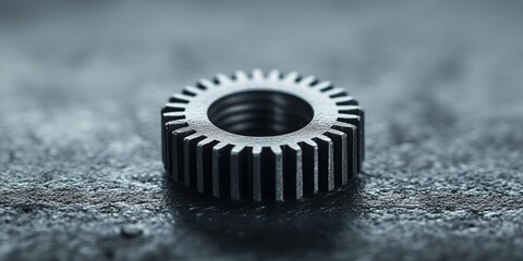 Detailed Close-Up of a Metallic Gear Component Resting on a Textured Surface, Reflecting Light in an Industrial Setting, Showcasing Precision Engineering at Dusk