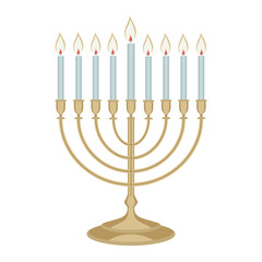 Hanukkah menorah candelabrum with nine burning candles isolated on white background. Flat style. . Vector illustration