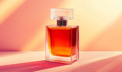 Elegant glass perfume bottle with orange-red liquid on a soft peach background.